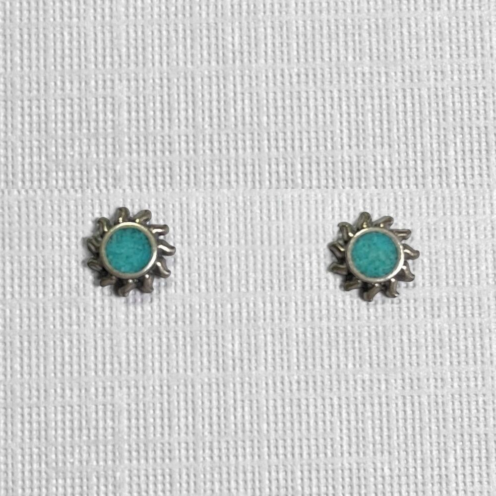 Turquoise Inlay Sunburst Earrings 925 Sterling Silver Small 5/16" Stud Southwest